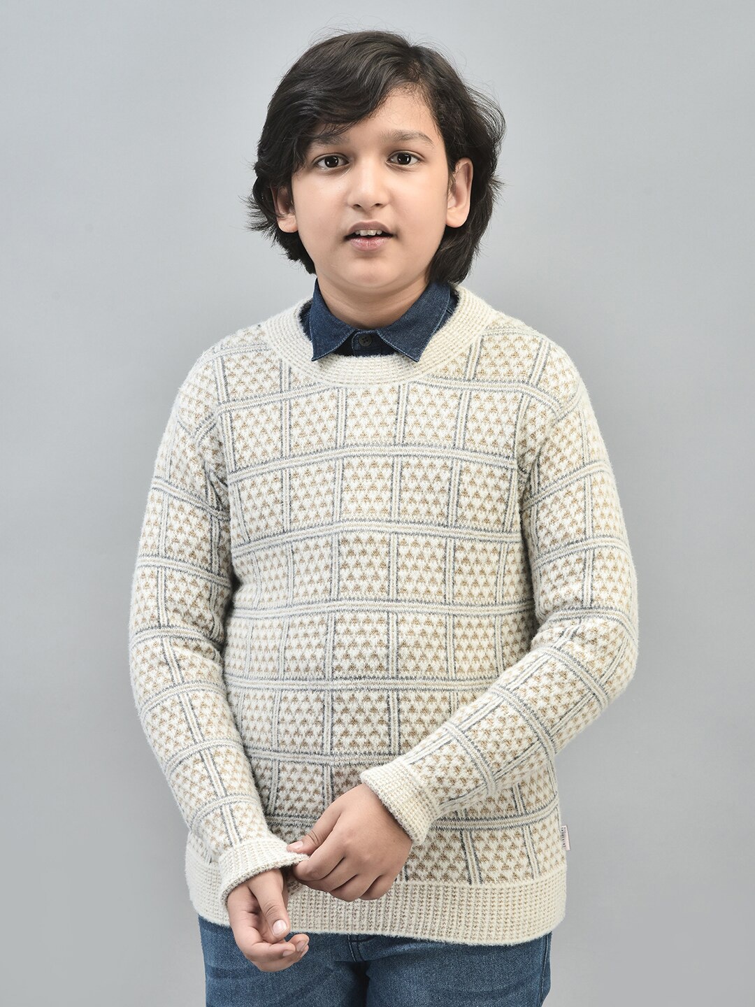 

Crimsoune Club Boys Checked Pullover Sweater, Beige