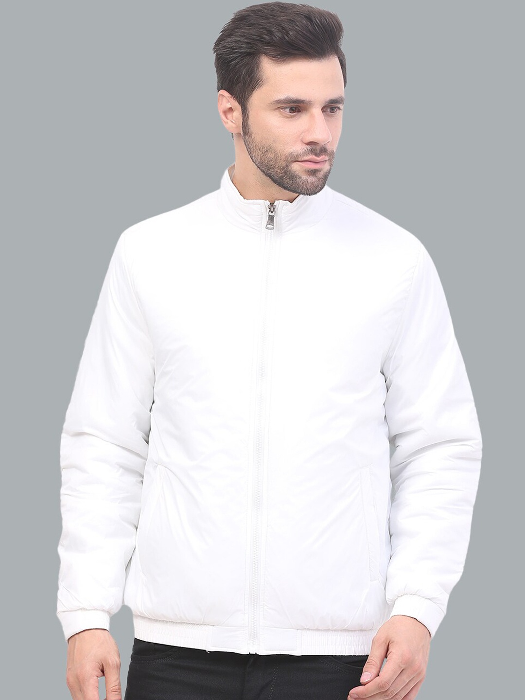 

Mast & Harbour White Mock Collar Bomber Jacket