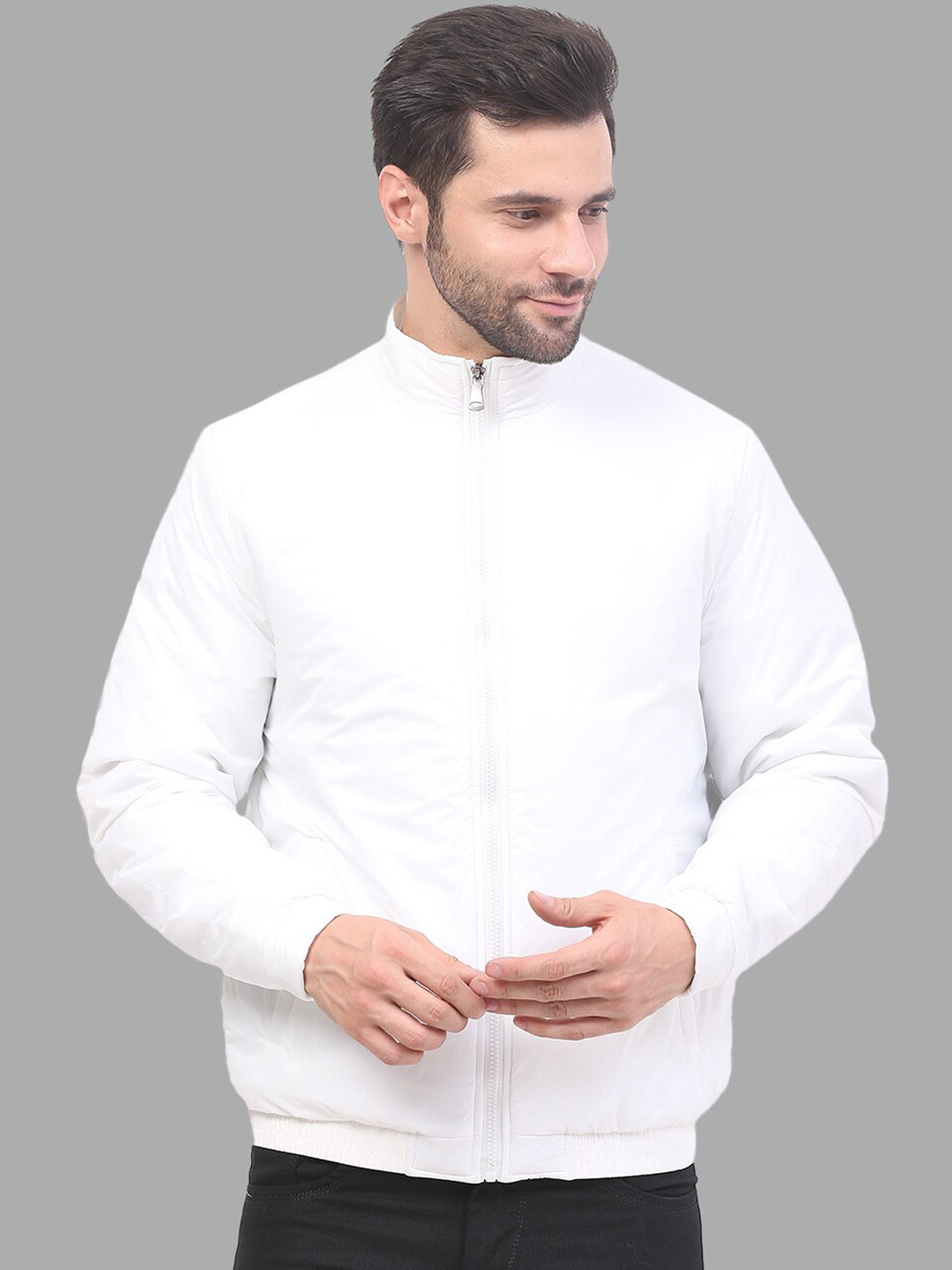 

Mast & Harbour White Mock Collar Bomber Jacket