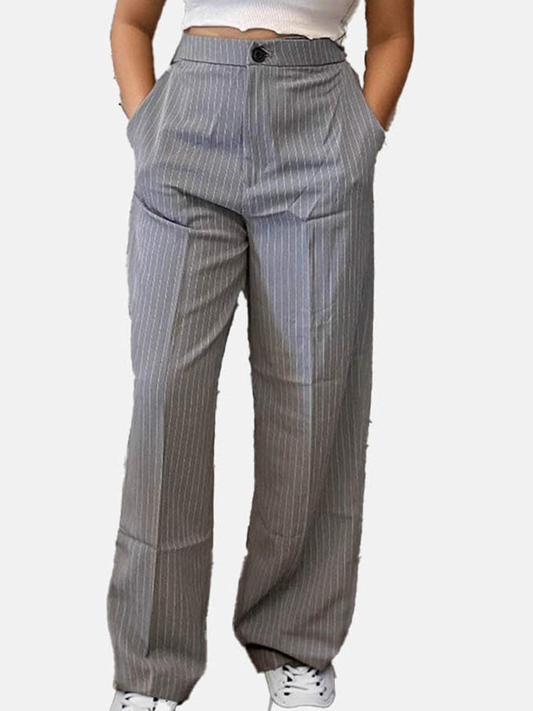 

IZF Women Striped High-Rise Korean Baggy Trousers, Grey