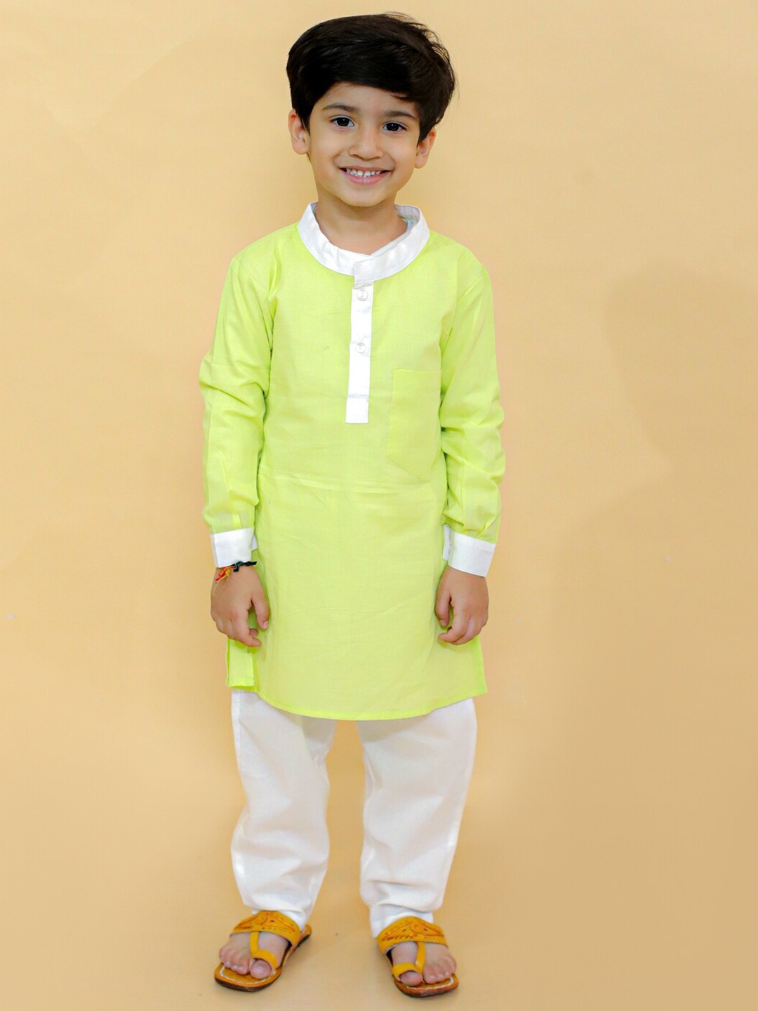 

BAESD Boys Mandarin Collar Pure Cotton Straight Kurta With Trouser, Fluorescent green