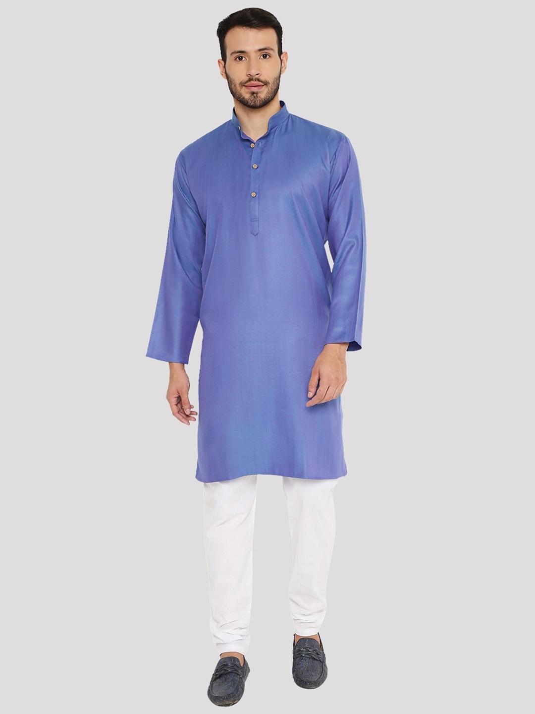 

Maharaja Band Collar Regular Linen Kurta With Churidar, Blue