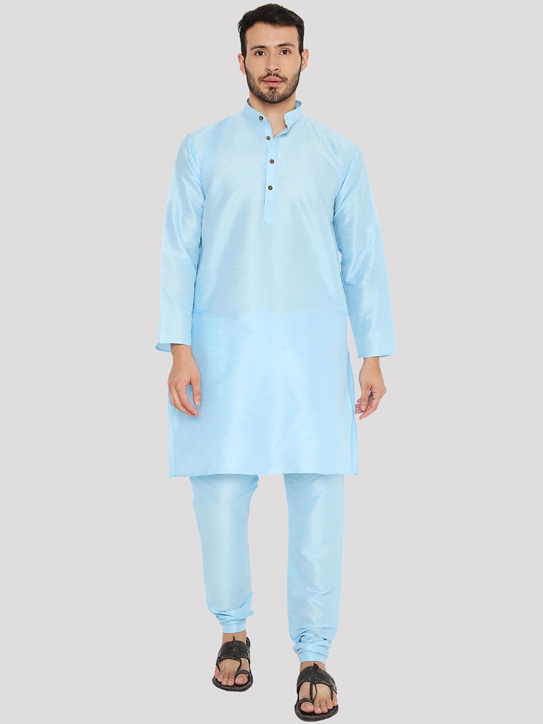 

Maharaja Band Collar Regular Dupion Silk Kurta With Churidar, Blue