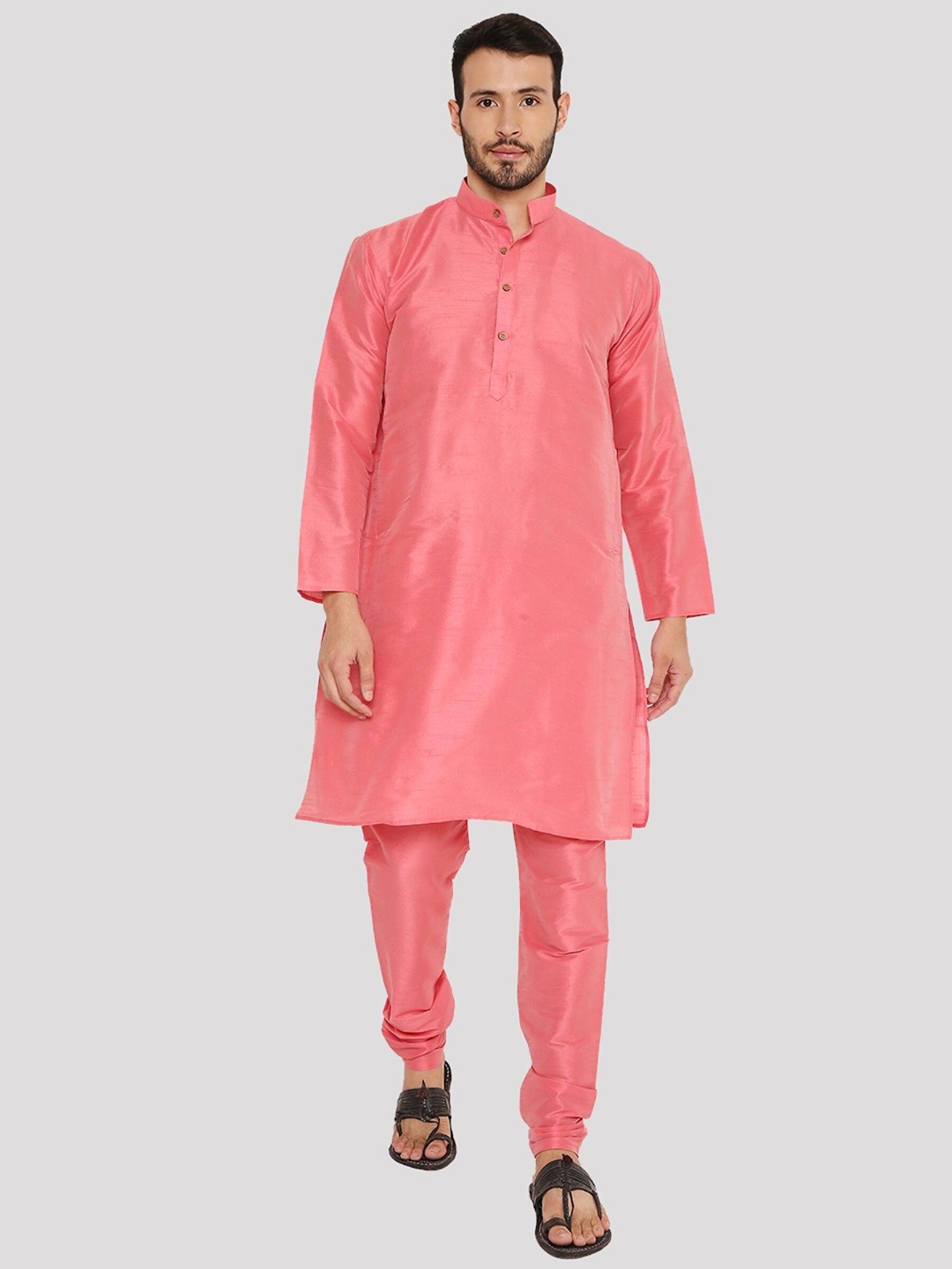

Maharaja Band Collar Regular Dupion Silk Kurta With Churidar, Pink