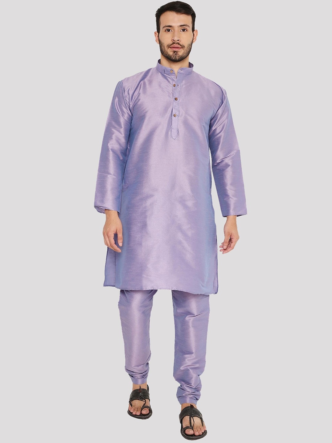 

Maharaja Regular Mandarin Collar Dupion Silk Kurta With Pyjamas, Lavender