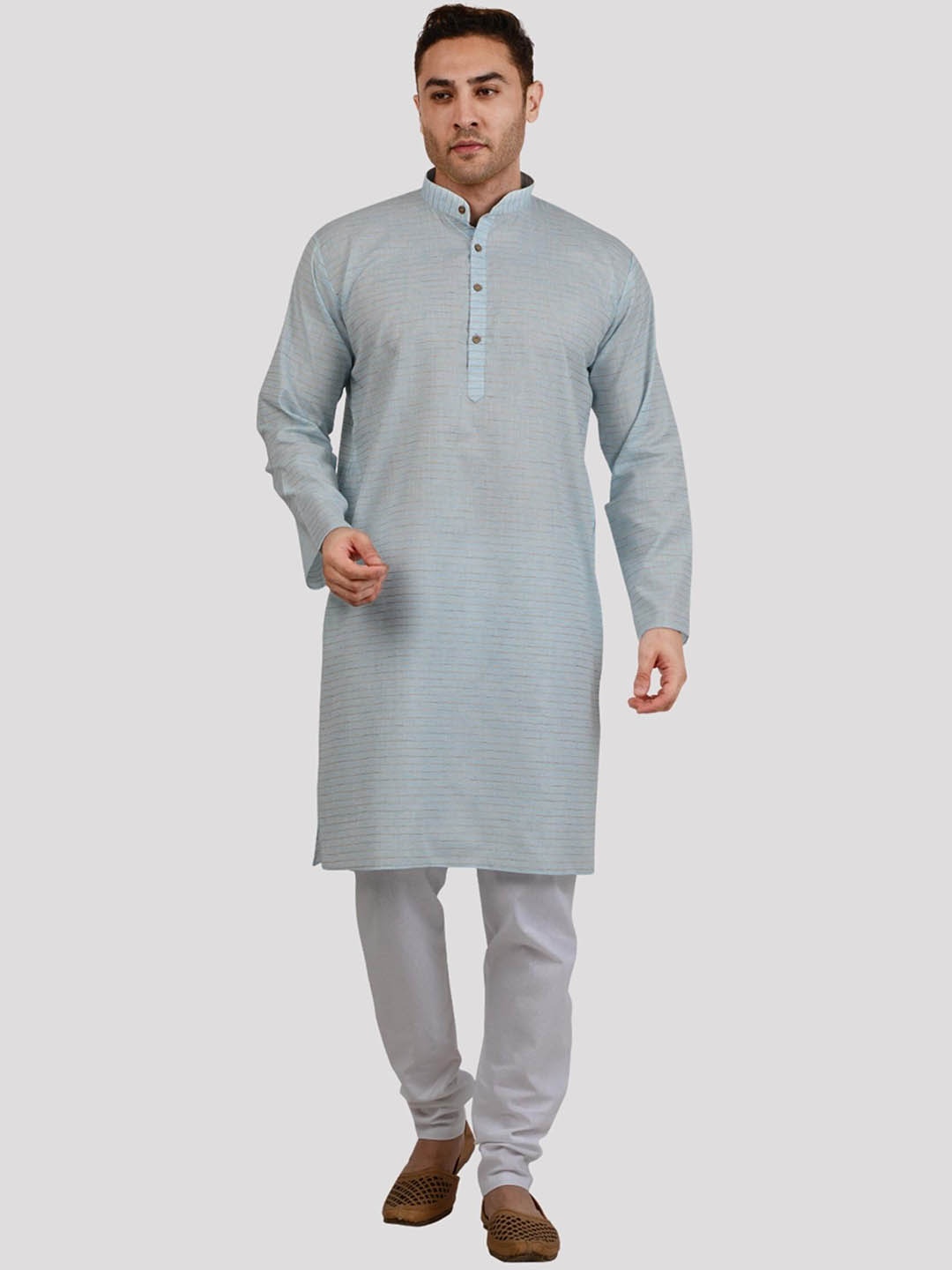 

Maharaja Horizontal Striped Mandarin Collar Regular Kurta With Pyjamas, Blue