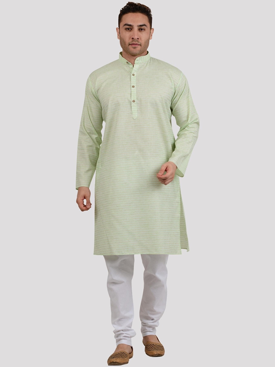 

Maharaja Striped Mandarin Collar Kurta With Pyjamas, Green