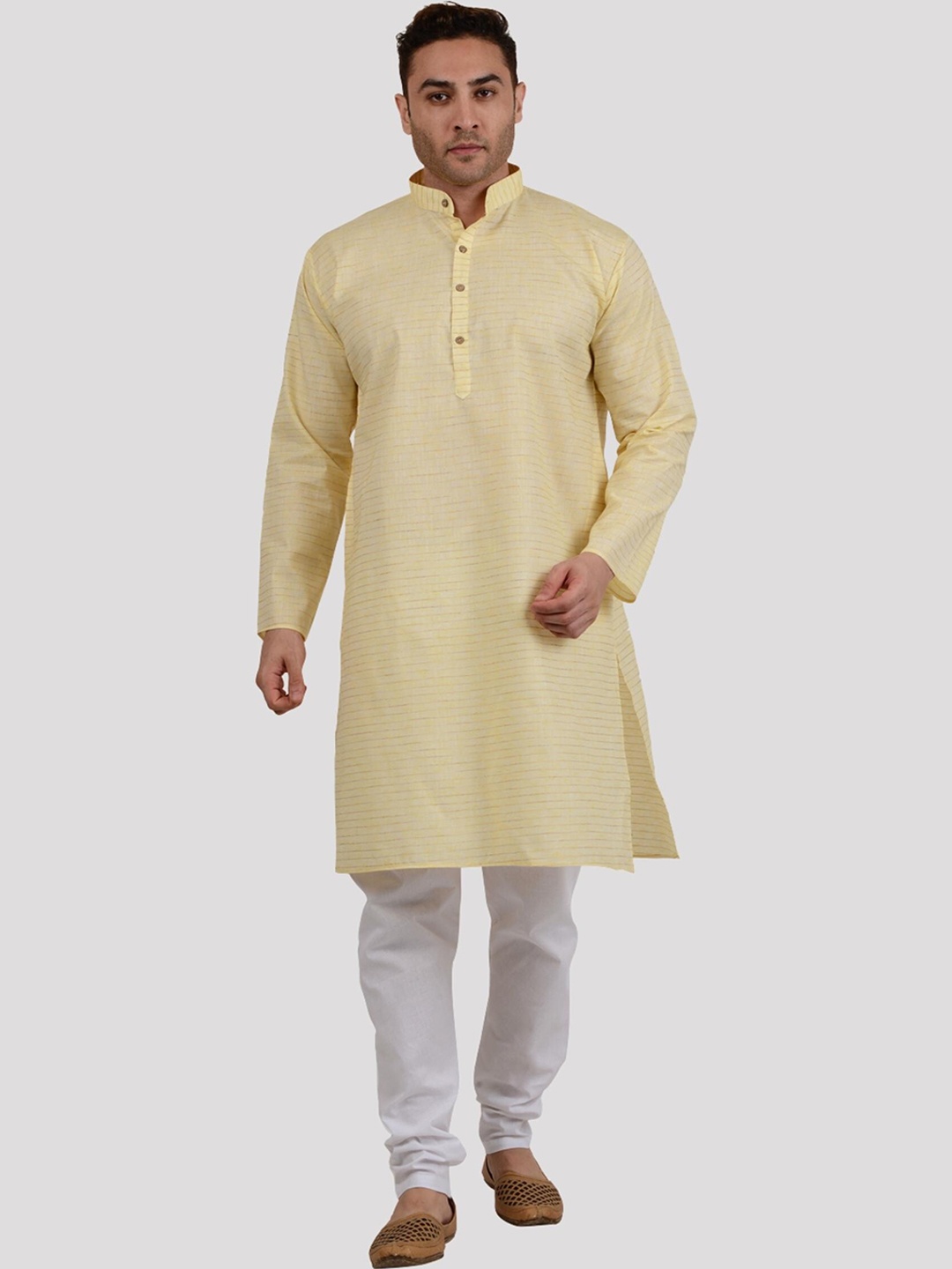 

Maharaja Striped Band Collar Linen Pastels Straight Kurta with Pyjamas, Yellow