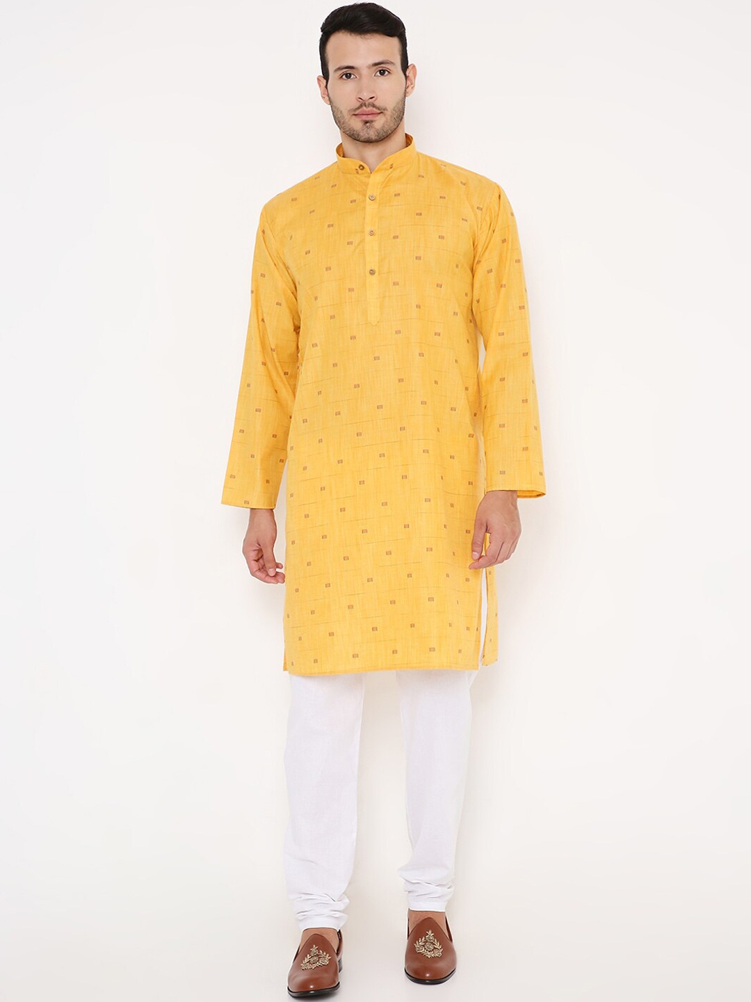 

Maharaja Woven Design Mandarin Collar Long Sleeves Kurta with Pyjamas, Yellow