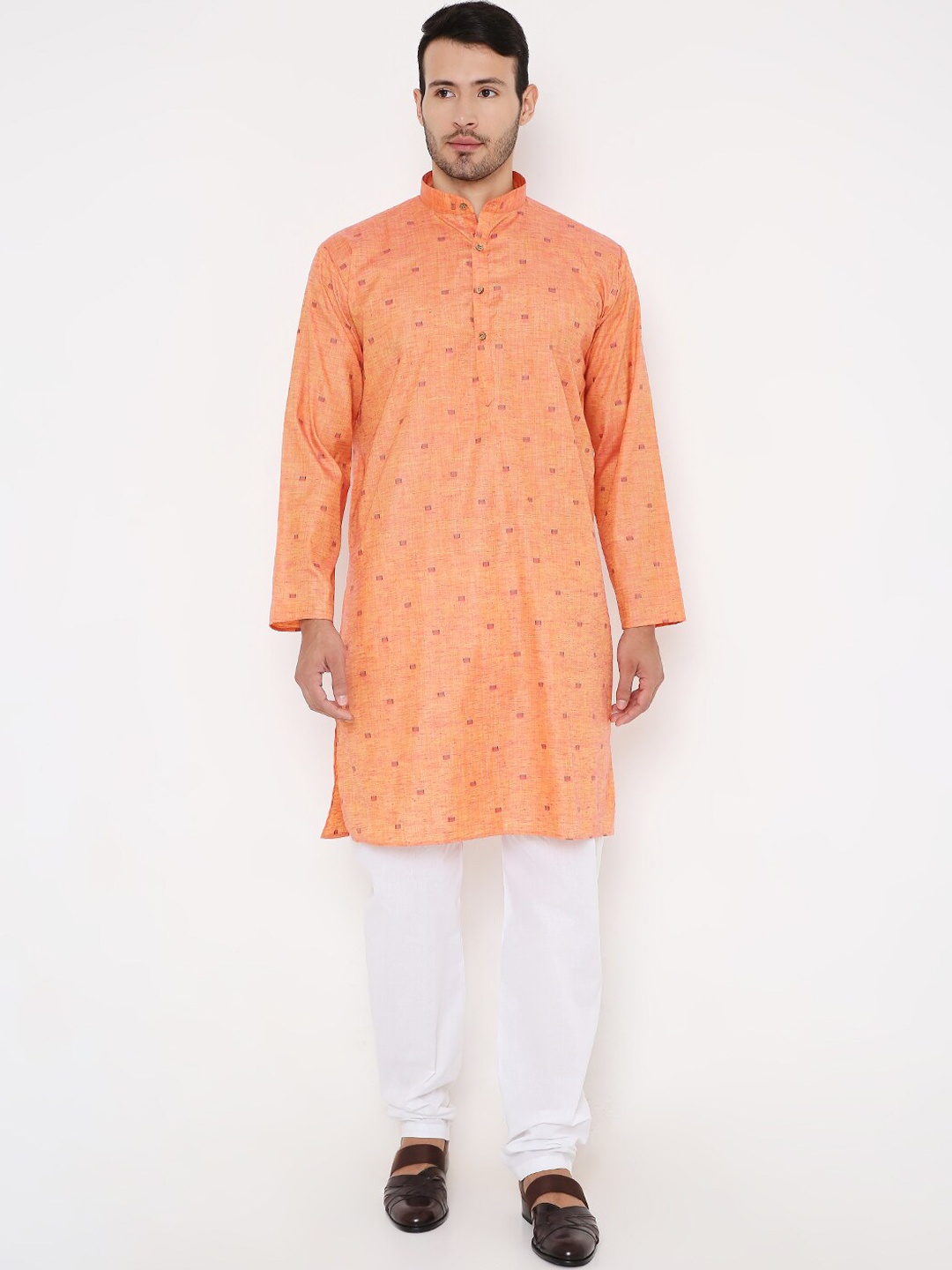 

Maharaja Woven Design Mandarin Collar Long Sleeves Kurta with Pyjamas, Coral