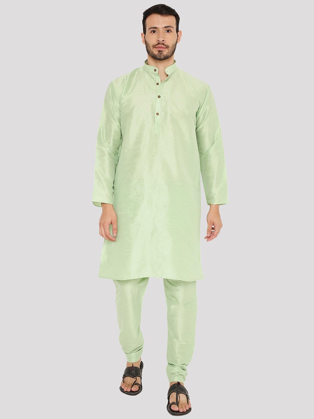 

Maharaja Mandarin Collar Long Sleeves Dupion Silk Kurta with Pyjamas, Green