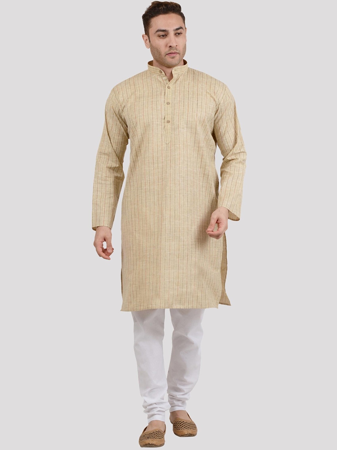 

Maharaja Striped Mandarin Collar Linen Cotton Straight Kurta with Pyjamas, Khaki