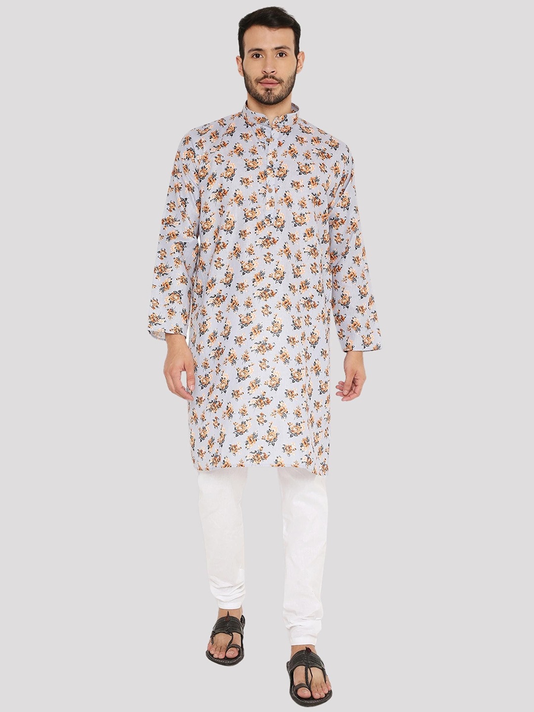 

Maharaja Floral Printed Mandarin Collar Linen Cotton Straight Kurta with Pyjamas, Grey