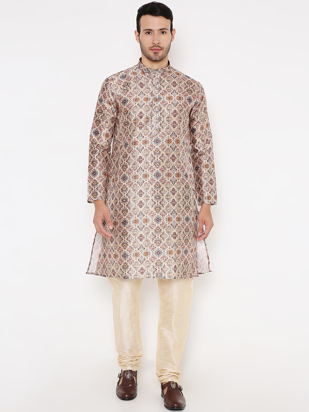 

Maharaja Ethnic Motifs Printed Band Collar Regular Kurta With Churidar, Grey