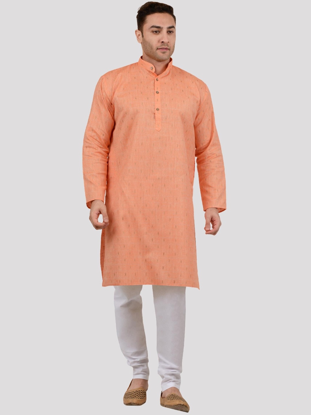 

Maharaja Self Designed Band Collar Regular Pure Cotton Kurta With Churidar, Orange