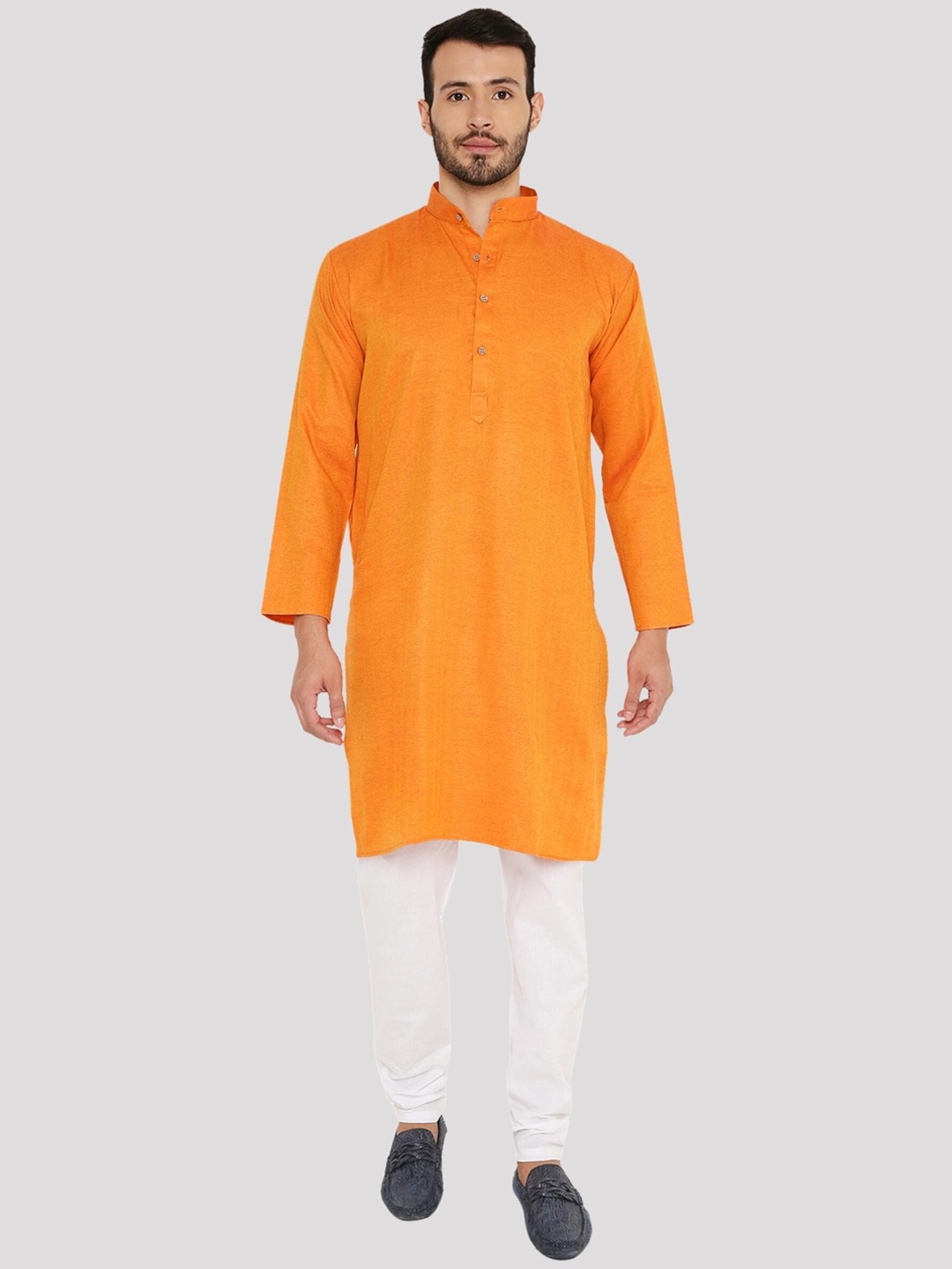 

Maharaja Band Collar Regular Pure Cotton Kurta With Churidar, Orange