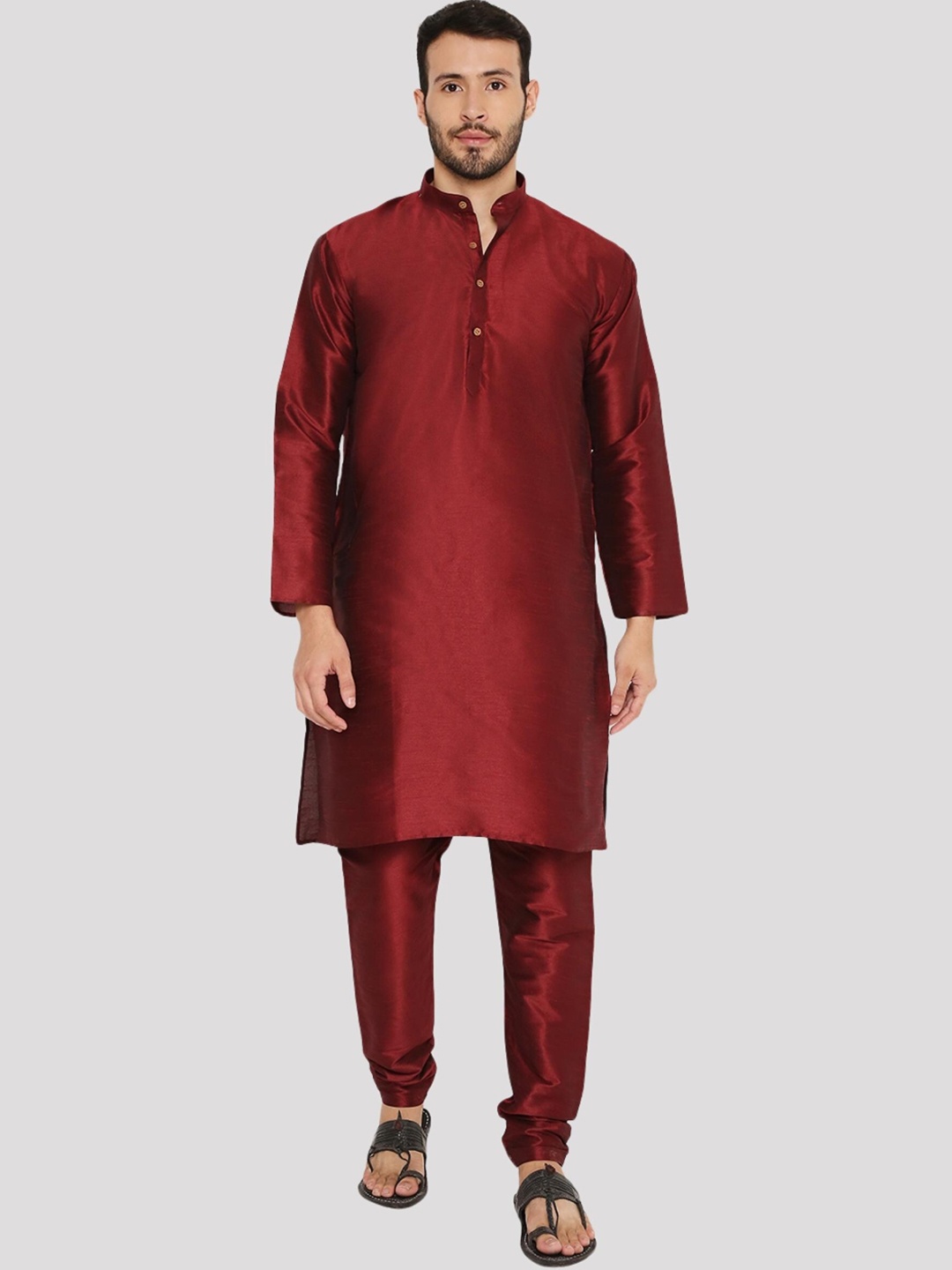 

Maharaja Band Collar Regular Dupion Silk Kurta With Churidar, Maroon