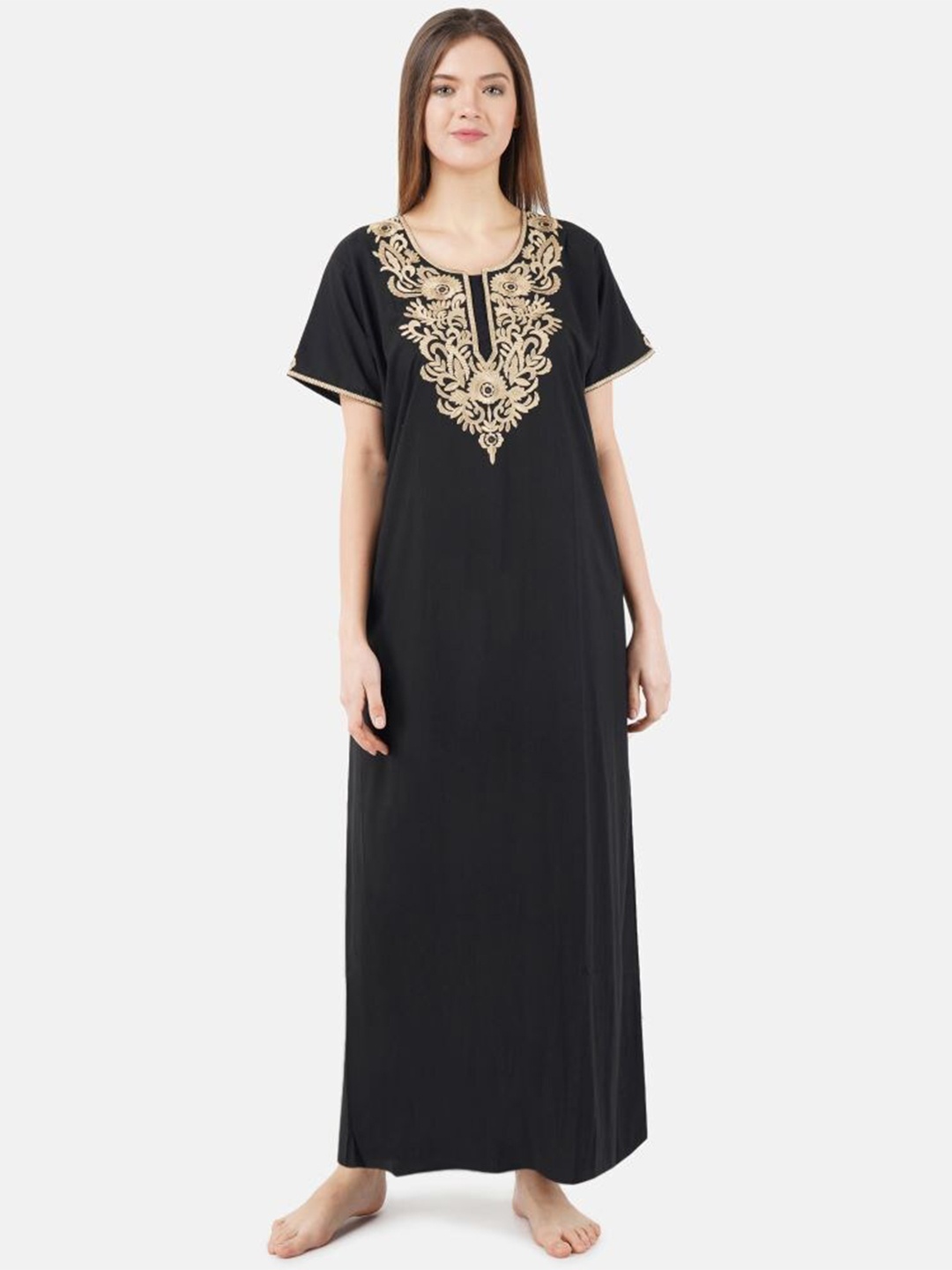 

KOI SLEEPWEAR Floral Embroidered Maxi Nightdress, Black