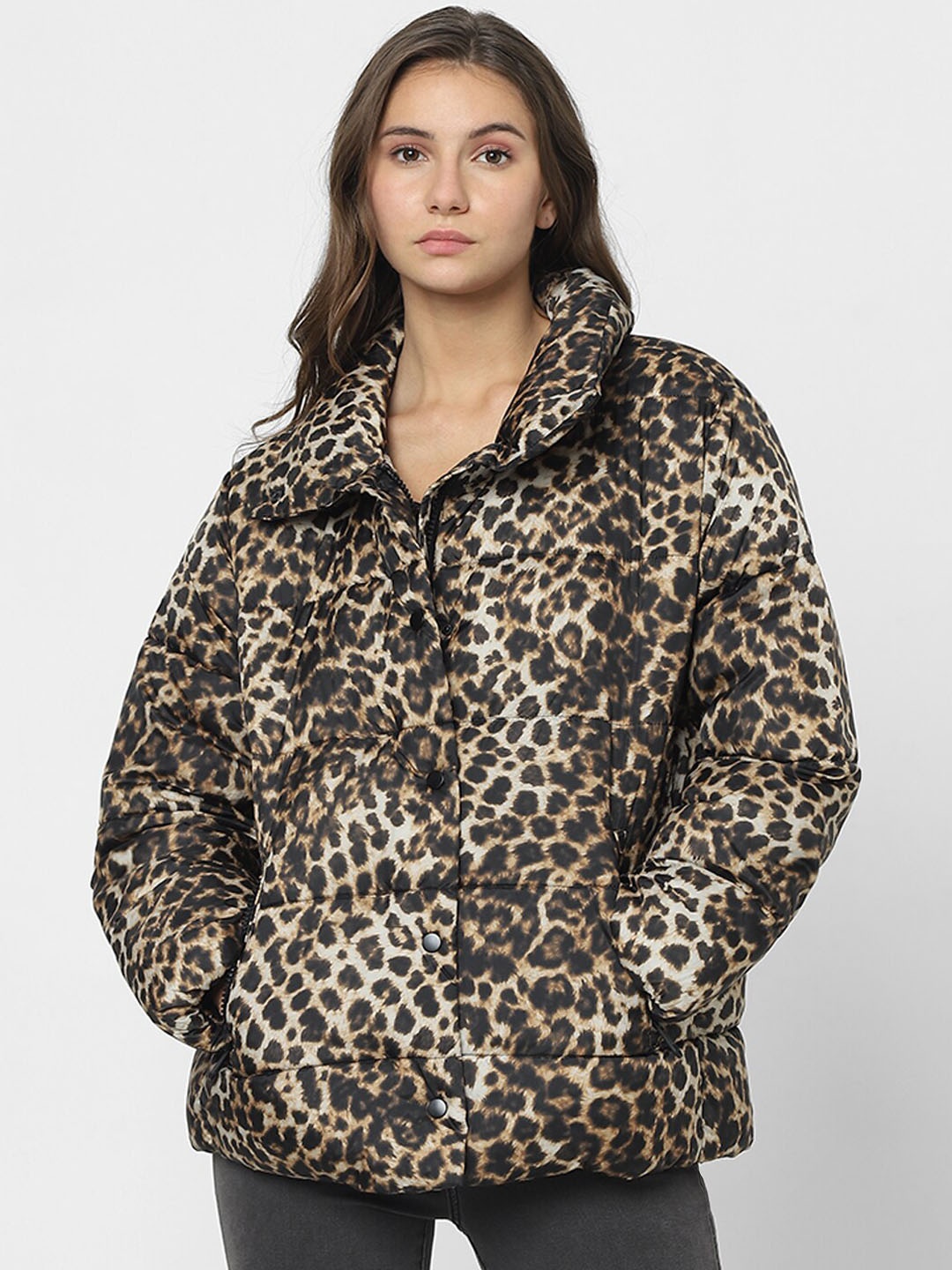 

Vero Moda Animal Printed Spread Collar Lightweight Puffer Jacket, Brown