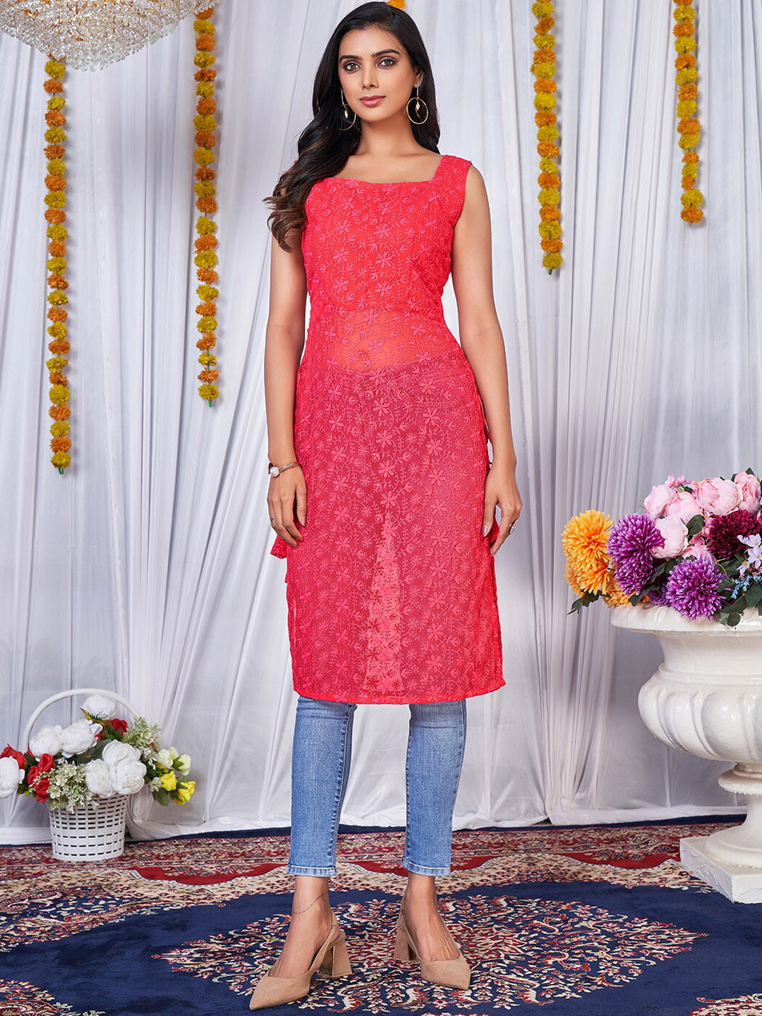 

KALINI Floral Embroidered Chikankari Square Neck Sleeveless Georgette Straight Kurta, Magenta