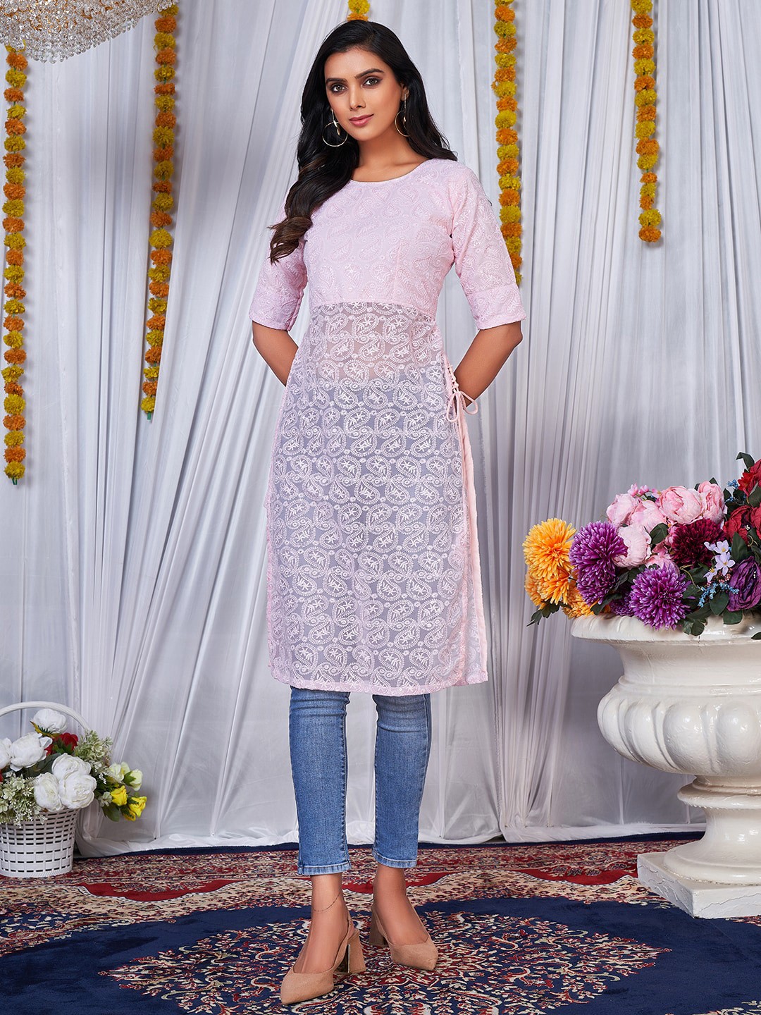 

KALINI Floral Embroidered Chikankari Georgette Straight Kurta, Peach
