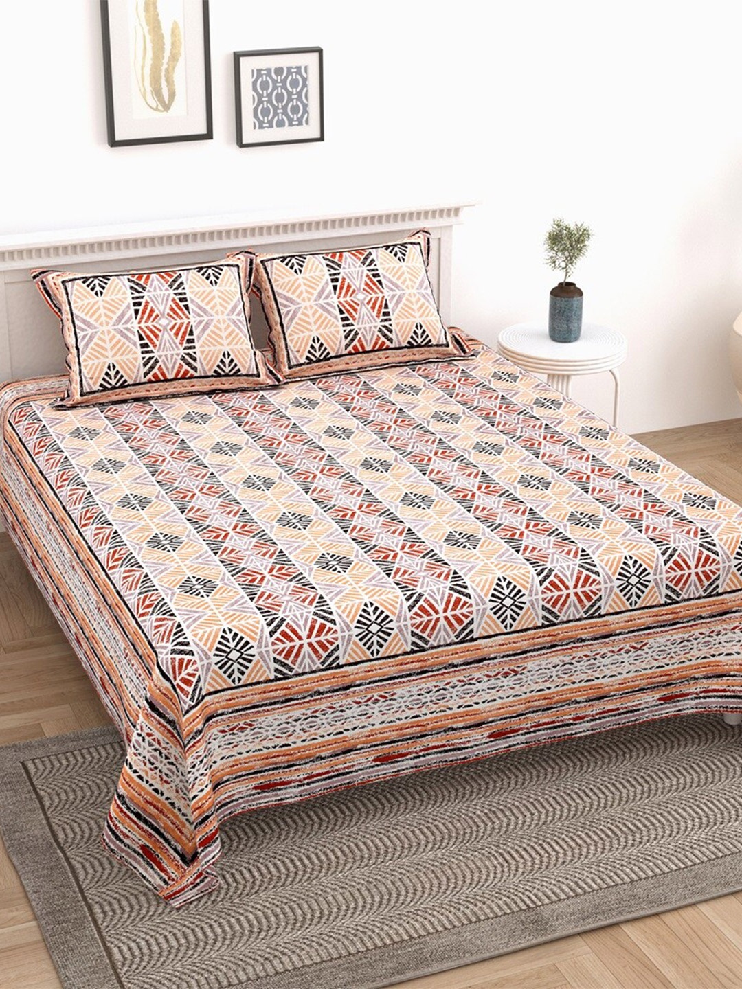 

Texstylers Orange & Grey Cotton 210 TC King Bedsheet with 2 Pillow Covers