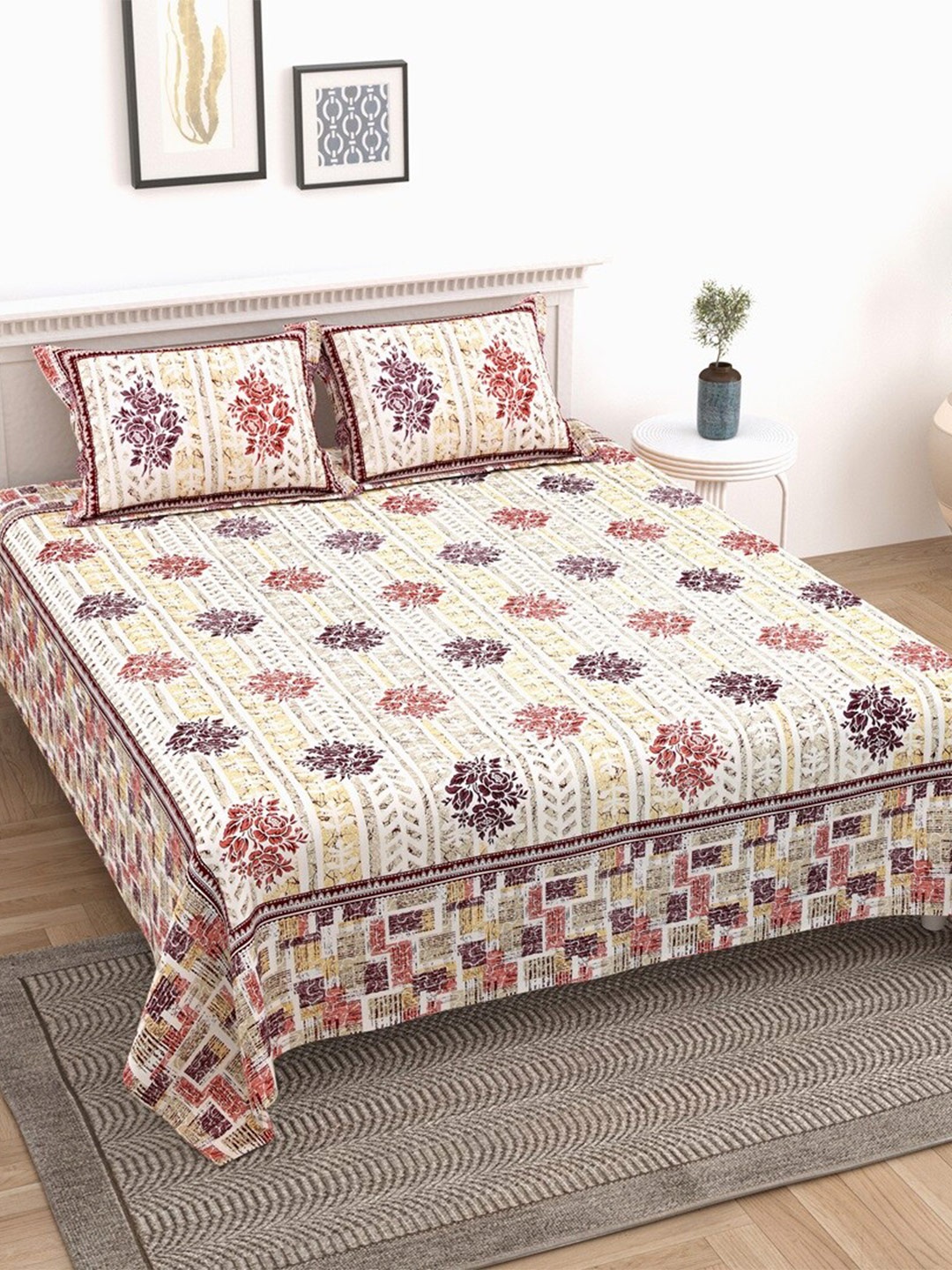 

Texstylers Maroon & Brown Floral Cotton 210 TC King Bedsheet with 2 Pillow Covers