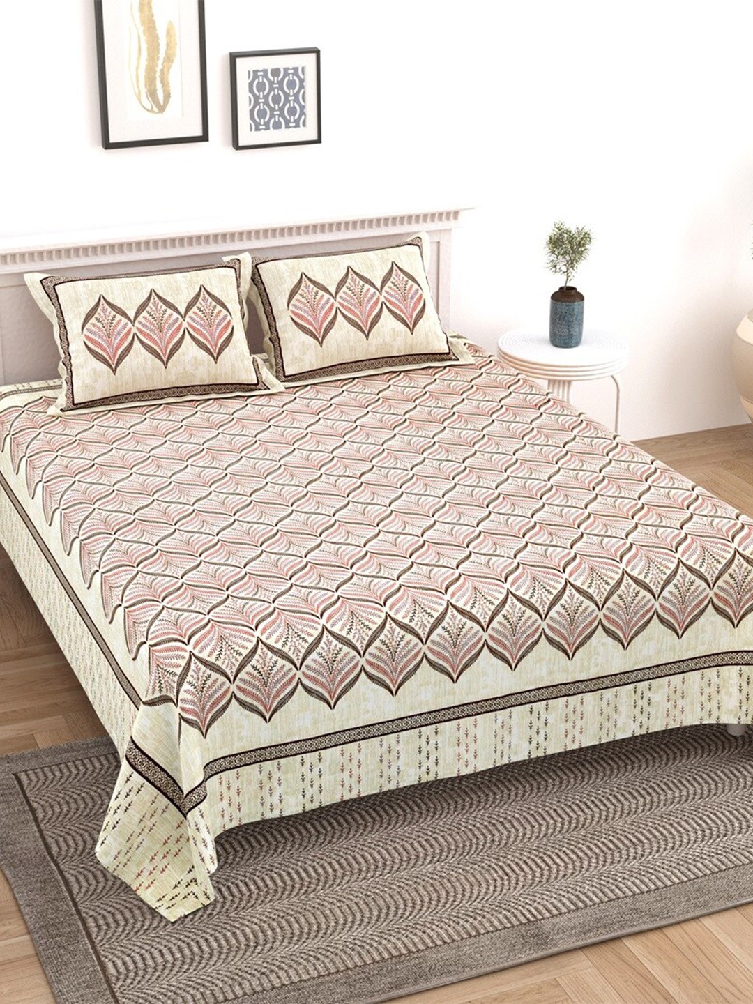 

Texstylers Beige & Maroon Cotton 210 TC King Bedsheet with 2 Pillow Covers