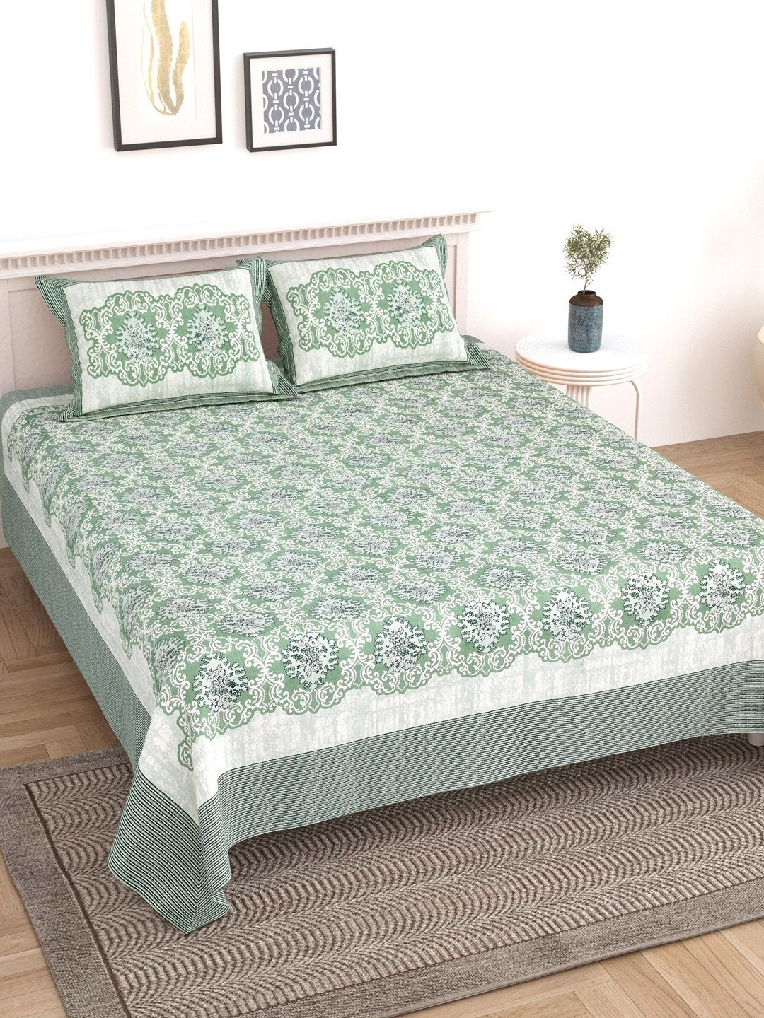 

Texstylers Green Ethnic Cotton 210 TC King Bedsheet with 2 Pillow Covers