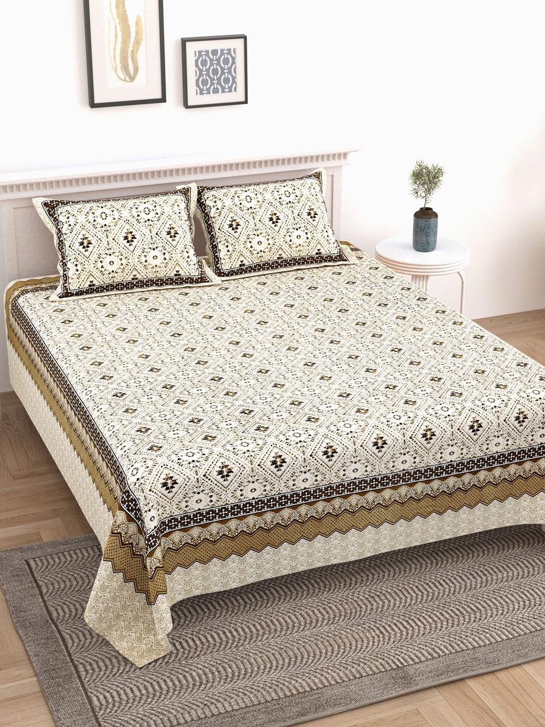 

Texstylers Beige & Brown Cotton 210 TC King Bedsheet with 2 Pillow Covers