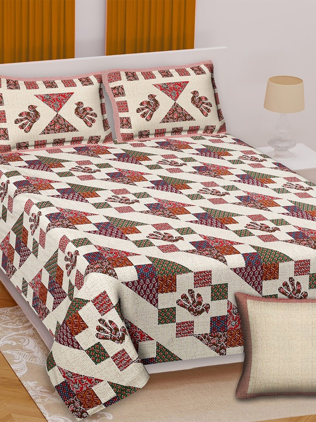 

Texstylers Cream & Green Cotton 210 TC Queen Bedsheet with 2 Pillow Covers, Maroon