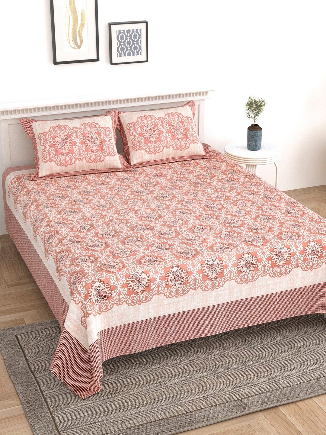 

Texstylers Peach Floral Cotton 210 TC King Bedsheet with 2 Pillow Covers