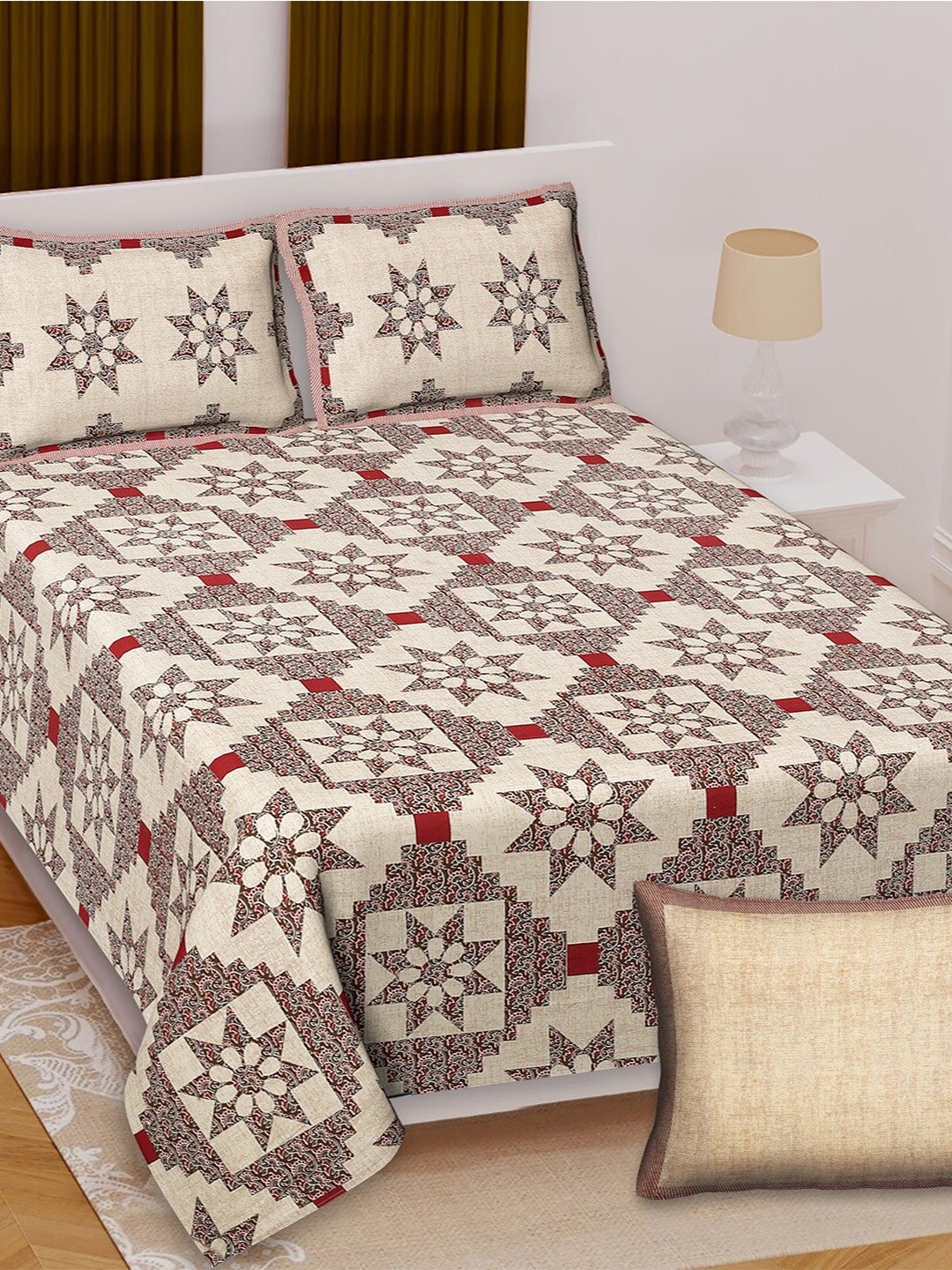

Texstylers Maroon & Cream Cotton 210 TC Queen Bedsheet with 2 Pillow Covers