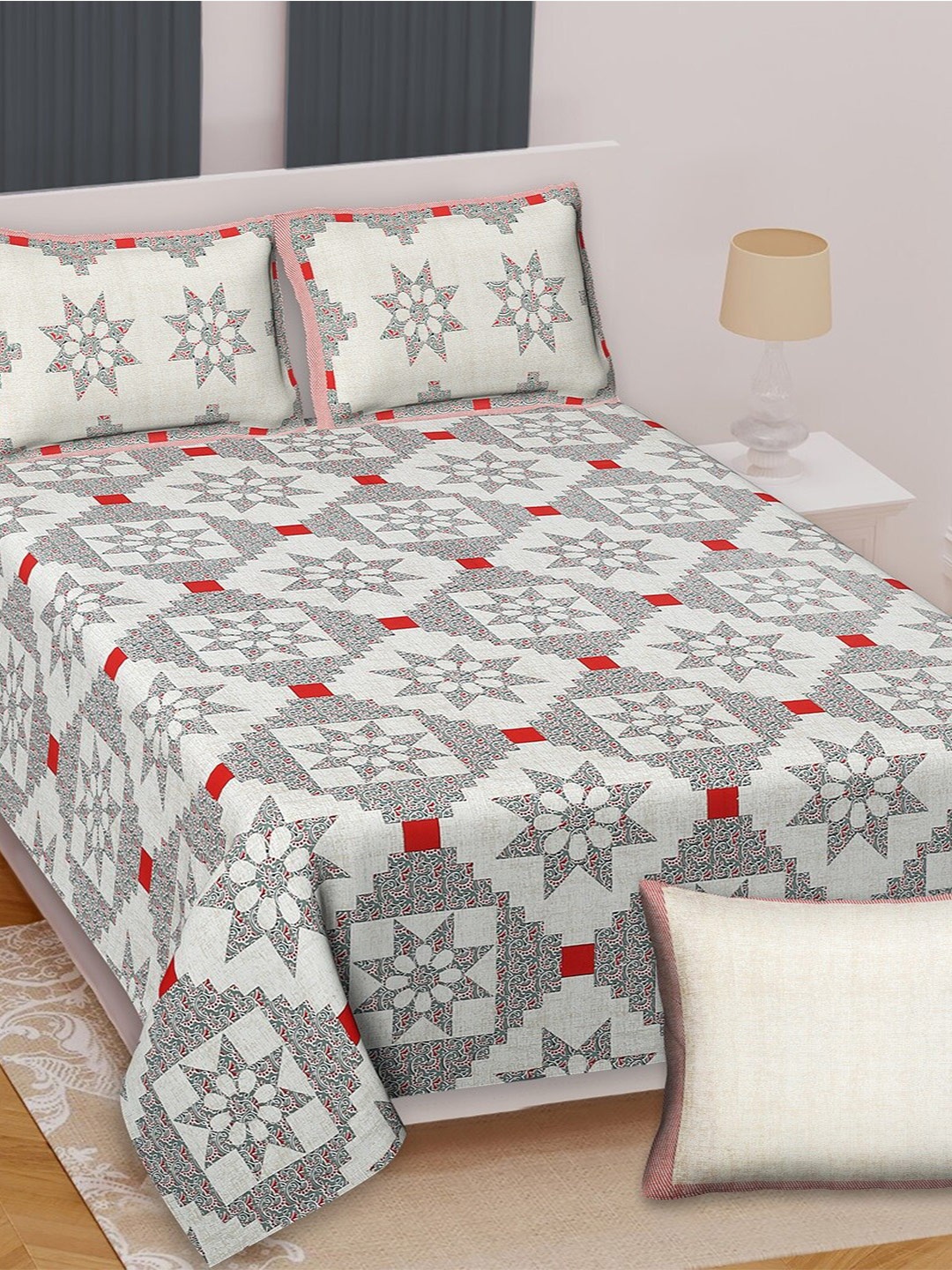 

Texstylers Red & Grey Cotton 210 TC Queen Bedsheet with 2 Pillow Covers