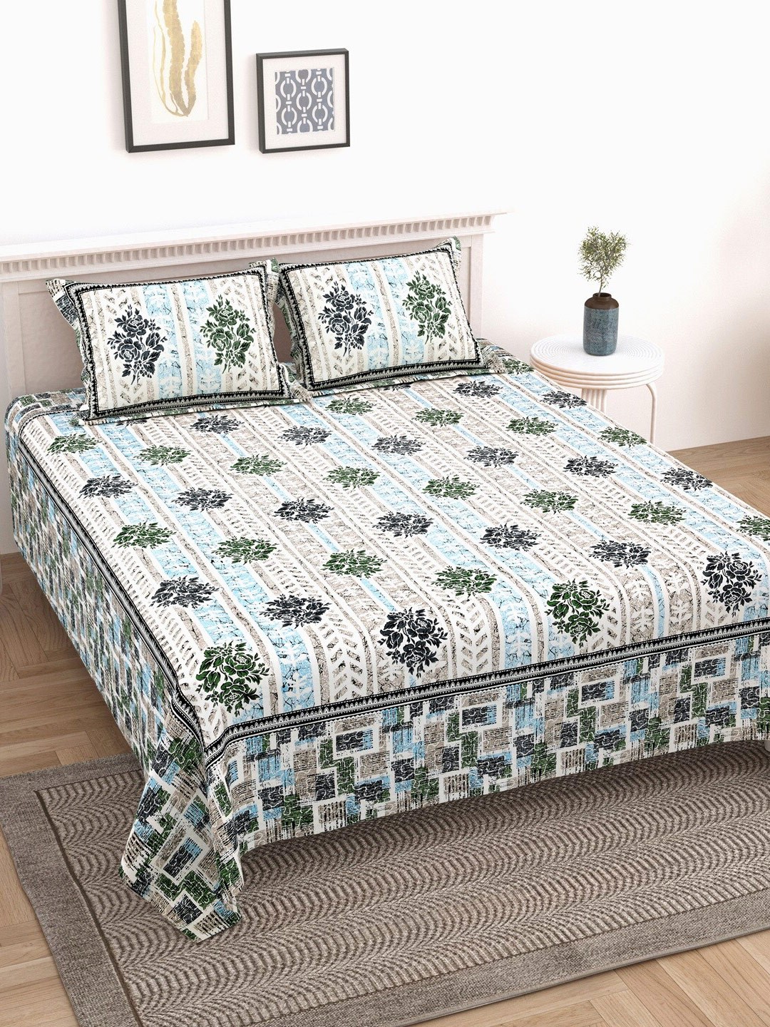 

Texstylers Black & Green Floral Cotton 210 TC King Bedsheet with 2 Pillow Covers
