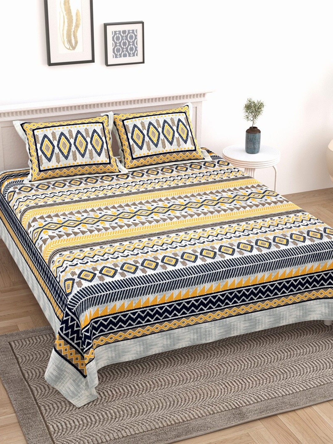 

Texstylers Yellow & Blue Cotton 210 TC King Bedsheet with 2 Pillow Covers