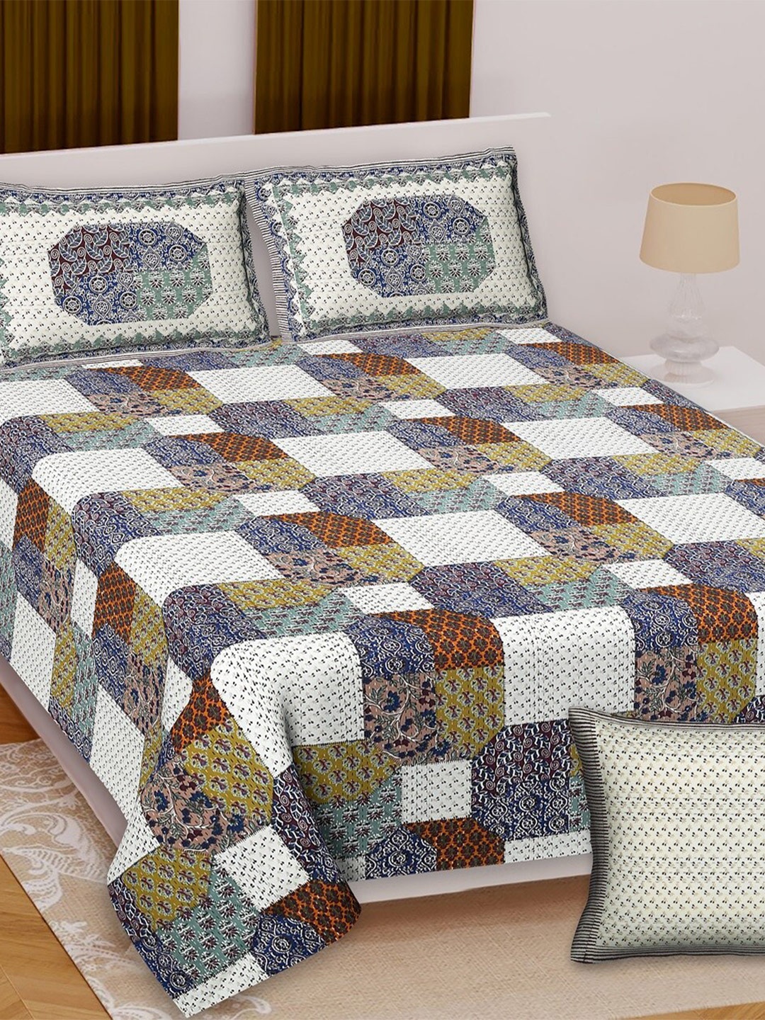 

Texstylers Blue & Orange Cotton 210 TC Queen Bedsheet with 2 Pillow Covers