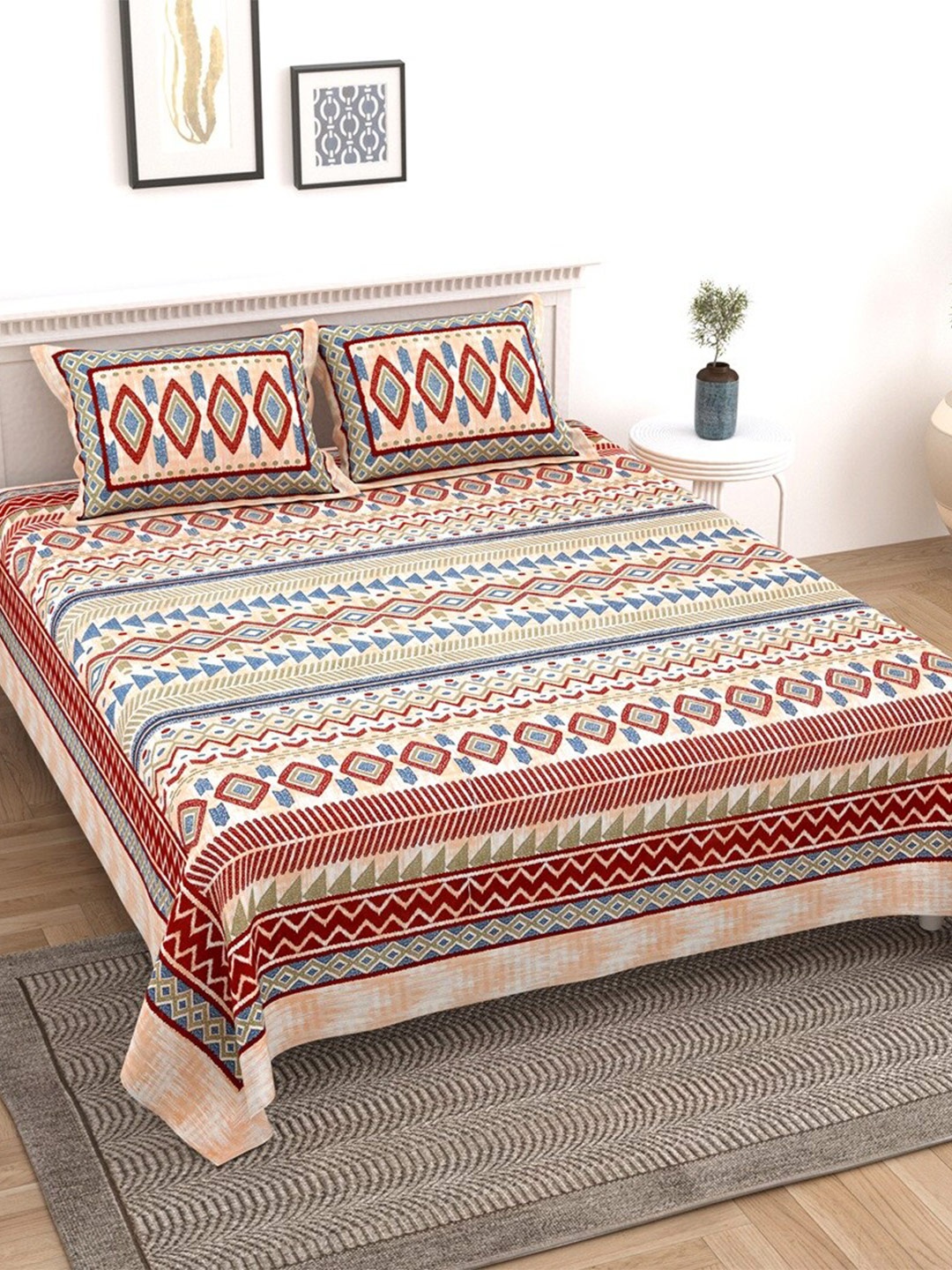 

Texstylers Red & Blue Cotton 210 TC King Bedsheet with 2 Pillow Covers