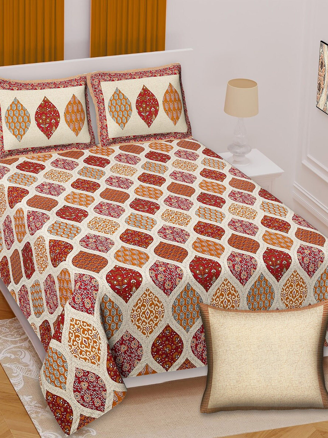

Texstylers Gold-toned & Maroon Floral Cotton 210 TC Queen Bedsheet with 2 Pillow Covers