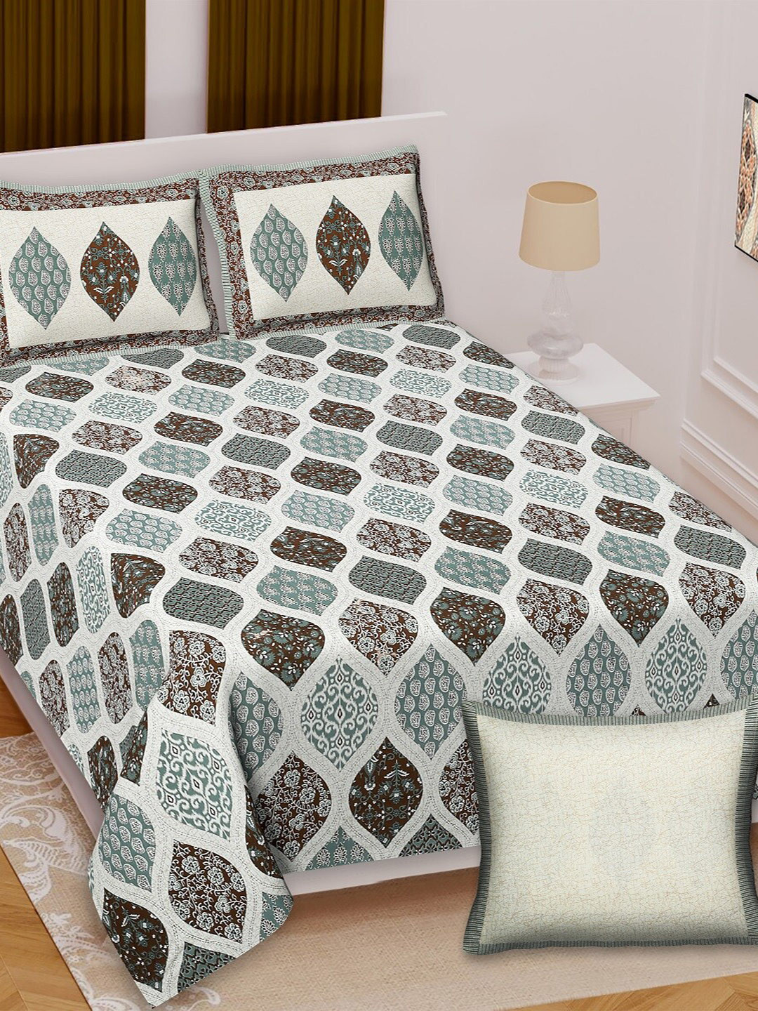 

Texstylers Brown & Green Ethnic Motifs Cotton 210 TC Queen Bedsheet with 2 Pillow Covers