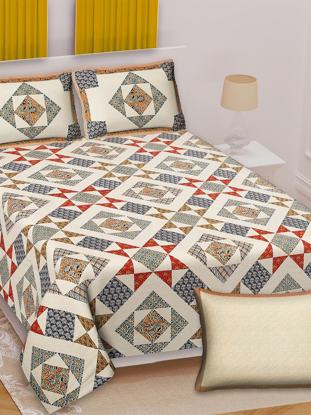 

Texstylers Red & Blue Geometric Cotton 210 TC Queen Bedsheet with 2 Pillow Covers