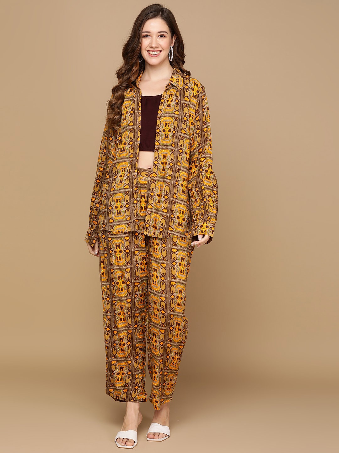 

Senyora Ethnic Motifs Printed Cotton Shirt-Collar Shirt With Trouser, Brown
