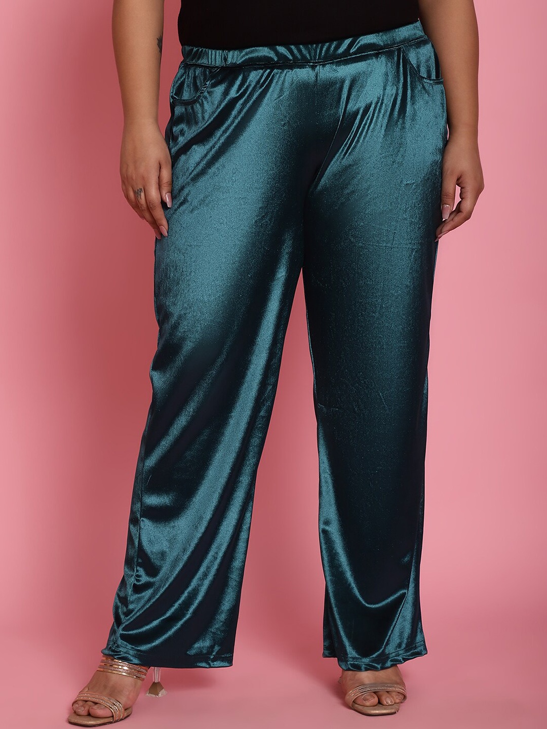 

theRebelinme Women Plus Size Relaxed High Rise Easy Wash Trousers, Green