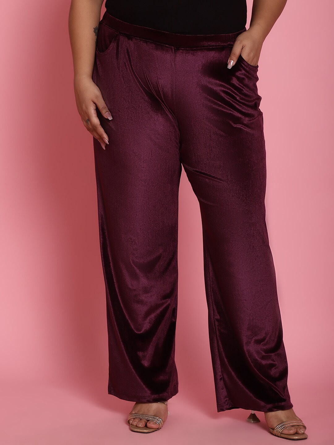 

theRebelinme Women Plus Size Relaxed High Rise Easy Wash Trousers, Burgundy