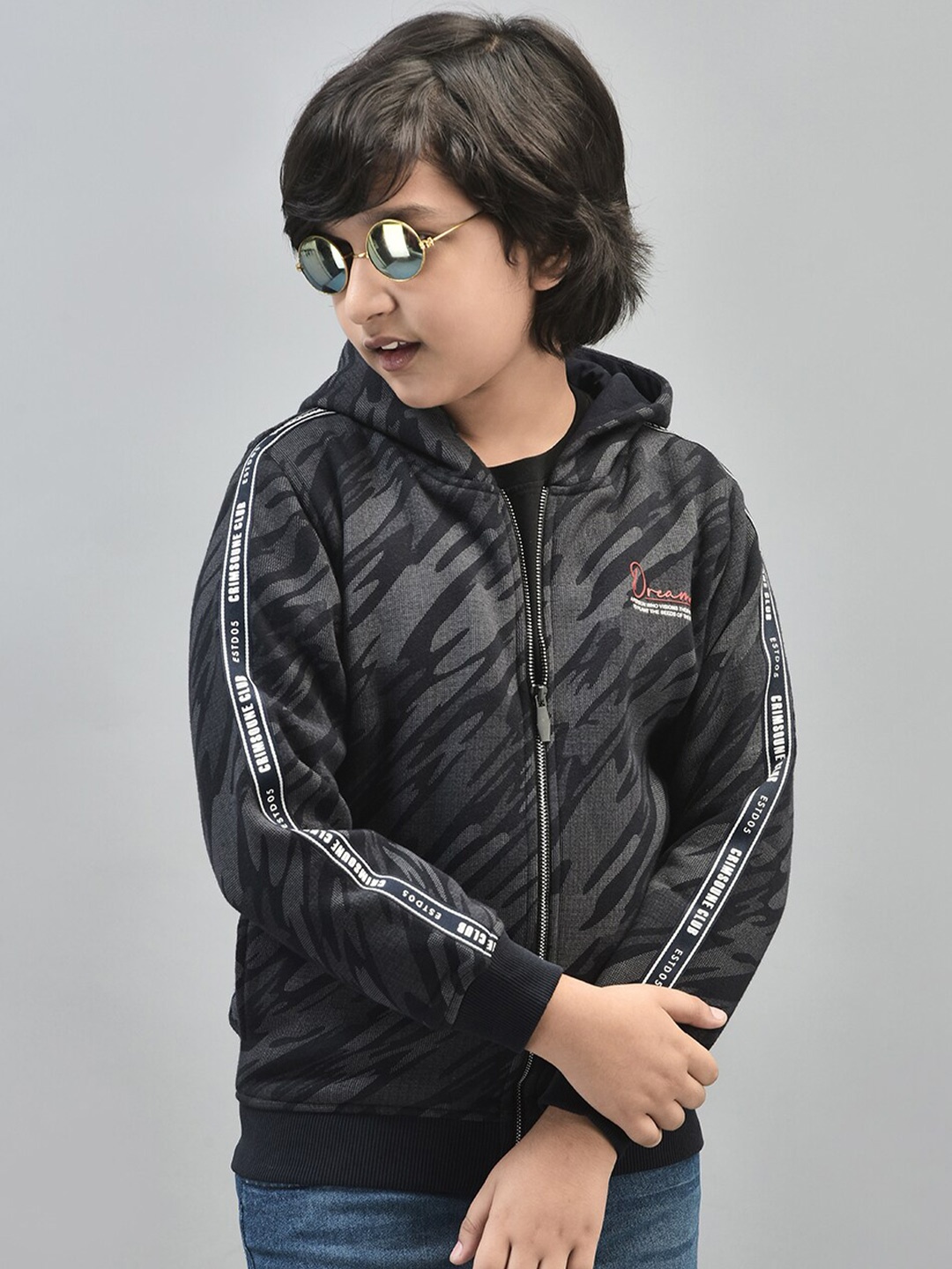 

Crimsoune Club Boys Abstract Printed Hooded Front Open Sweatshirt, Black