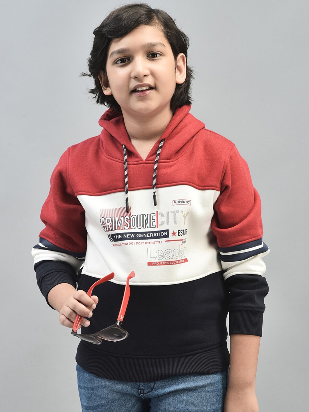 

Crimsoune Club Boys Typography Printed Hooded Pullover, Red