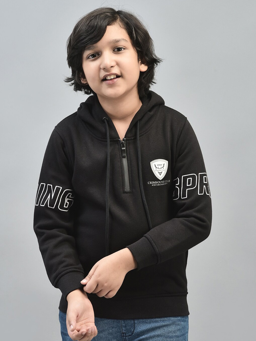 

Crimsoune Club Boys Typography Printed Hooded Pullover, Black