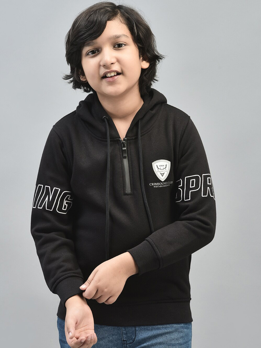 

Crimsoune Club Boys Typography Printed Hooded Pullover, Black