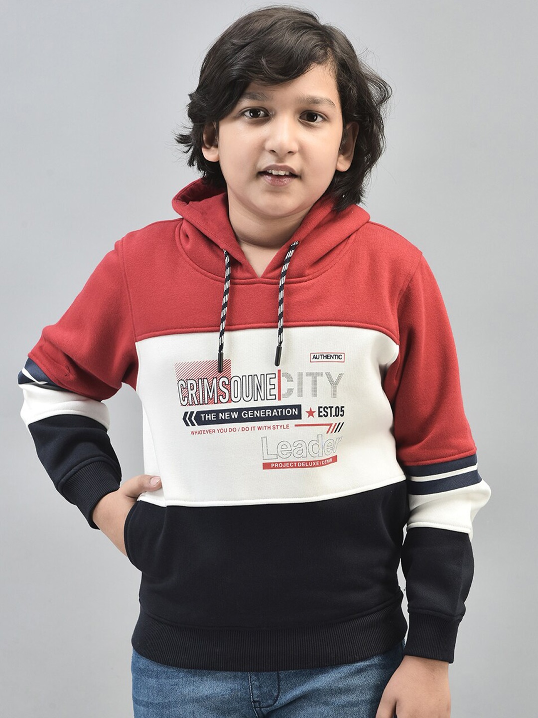 

Crimsoune Club Boys Typography Printed Hooded Pullover, Red