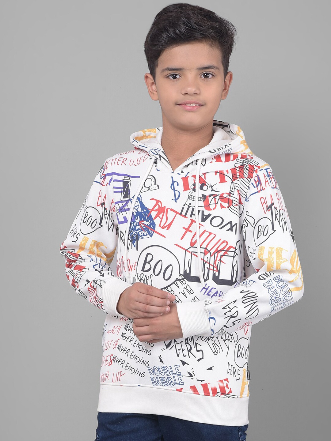 

Crimsoune Club Boys Typographic Printed Hooded Sweatshirt, White